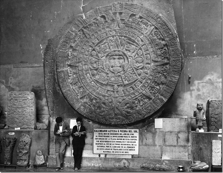 circa 1930:  A stone Aztec calendar of the sun, on display at the National Museum.  (Photo by Ewing Galloway/General Photographic Agency/Getty Images)